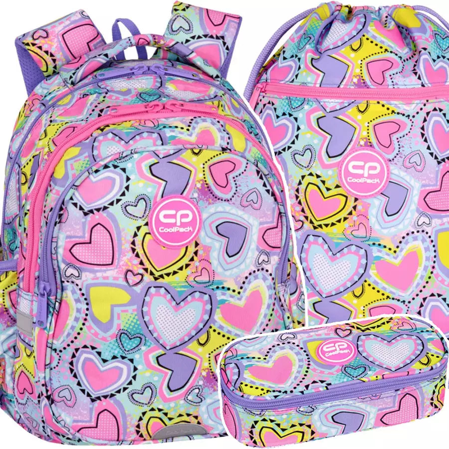 Mokyklinė kuprinė Pastel Hearts rinkinys 3 dalių – CoolPack