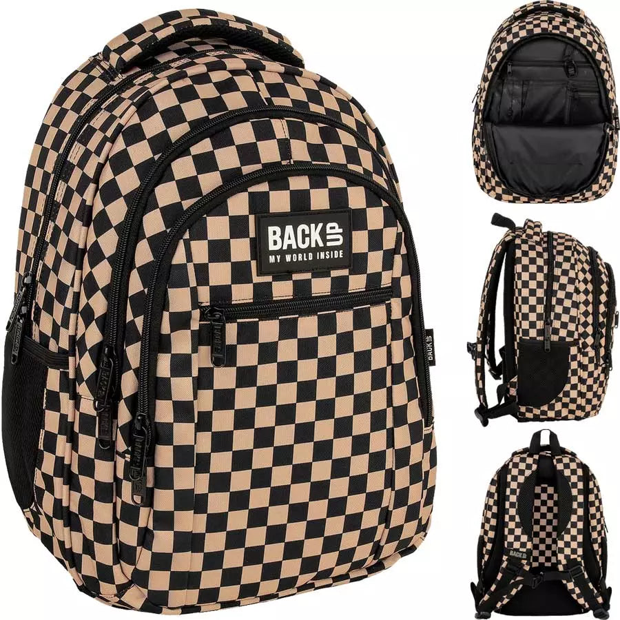 Mokyklinė kuprinė šachmatų rašto smėlio spalvos – Backup