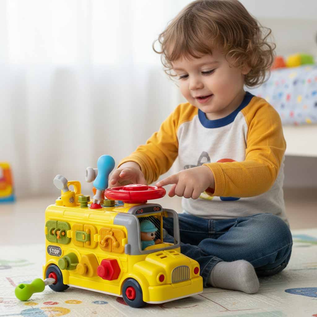Edukacinis manipuliacinis autobusas 6in1: sukimui, varžtams ir atsuktuvams