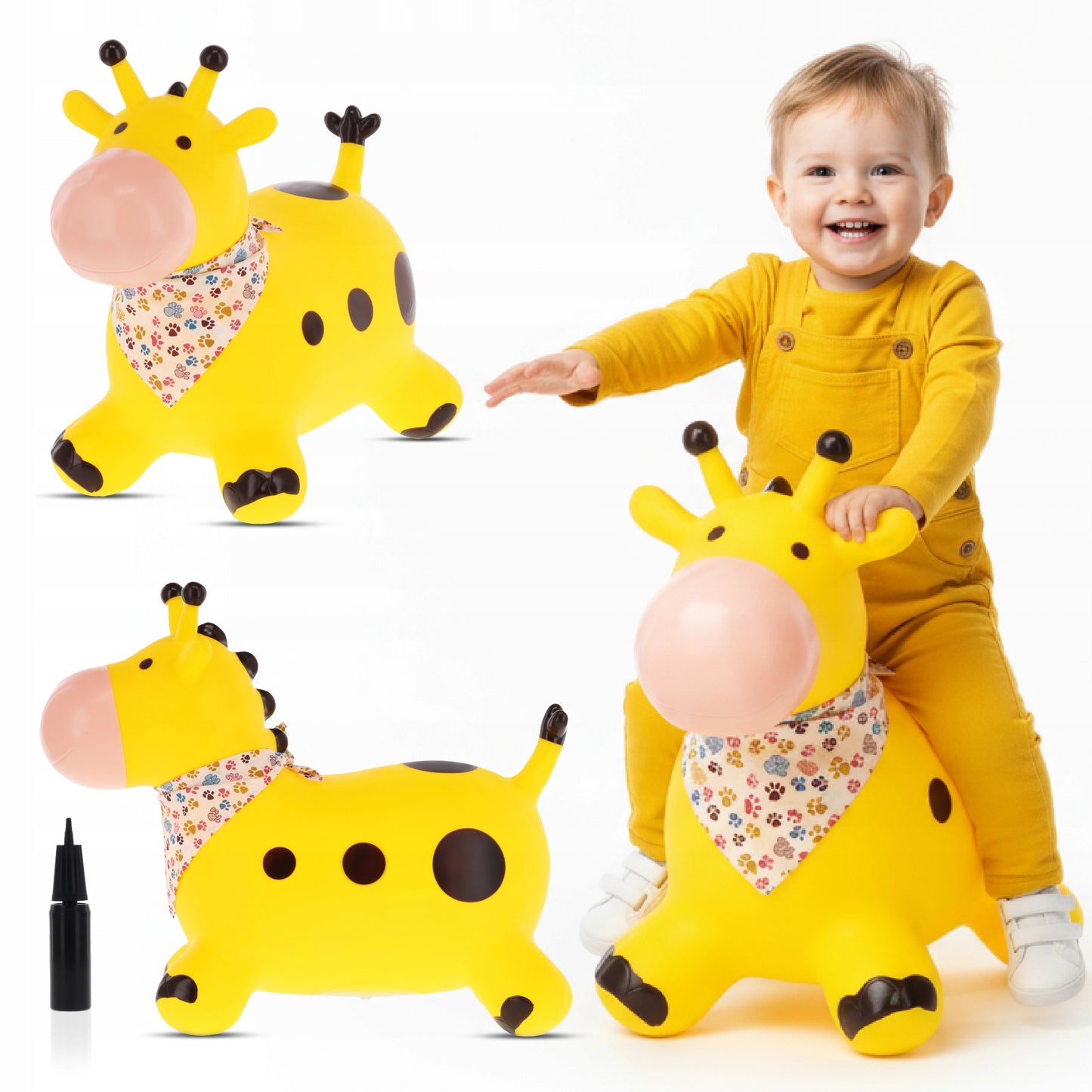 Guminis šokliukas Žirafa su bandana, geltonas, su pompa – pagrindinis vaizdas