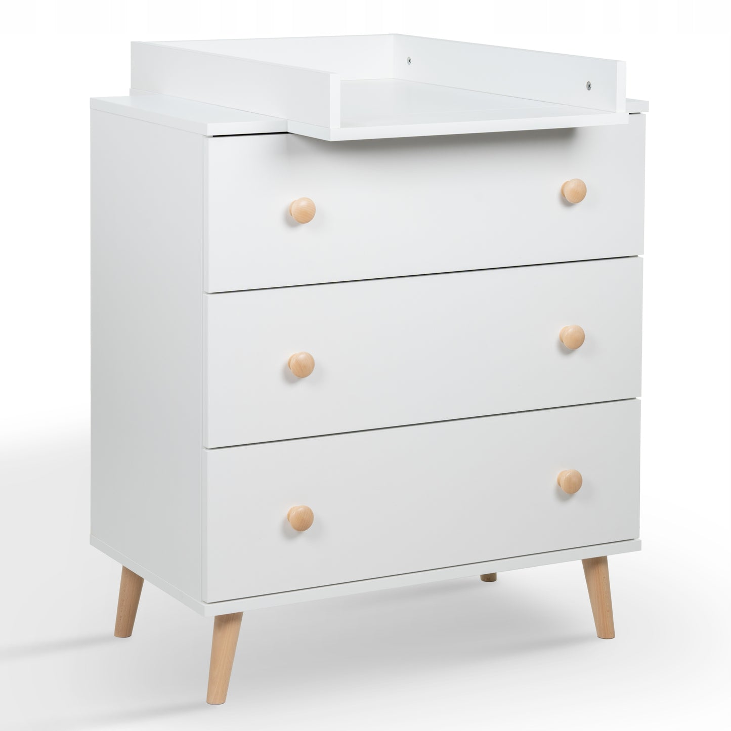 Vaikų komoda su pervystymo stalu TOMI ant ąžuolo kojų, balta – pagrindinis vaizdas