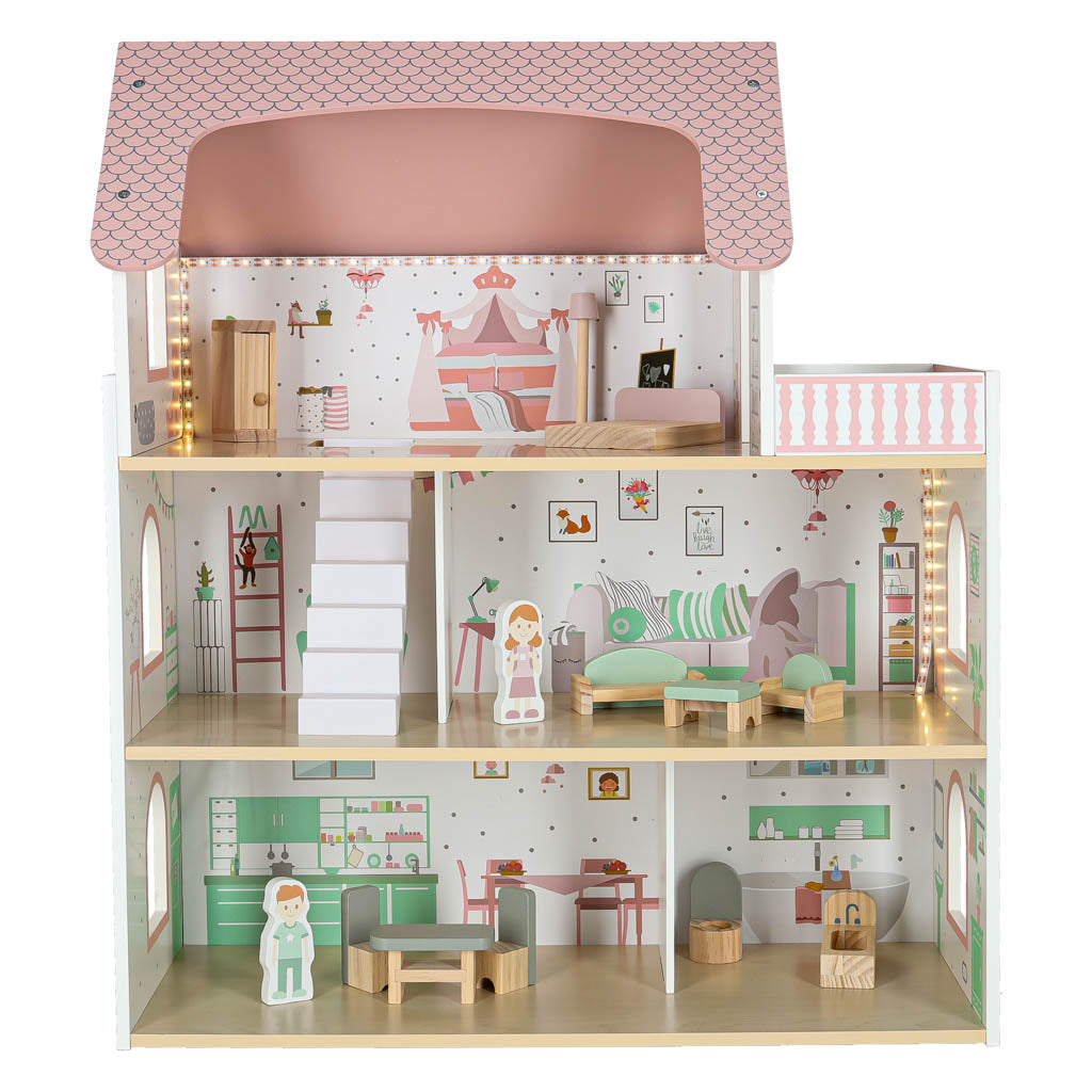 LULILO Peonio medinis lėlių namelis su LED apšvietimu, 70 cm, rožinis
