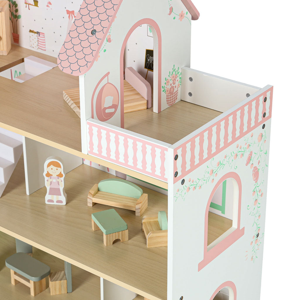 LULILO Peonio medinis lėlių namelis su LED apšvietimu, 70 cm, rožinis