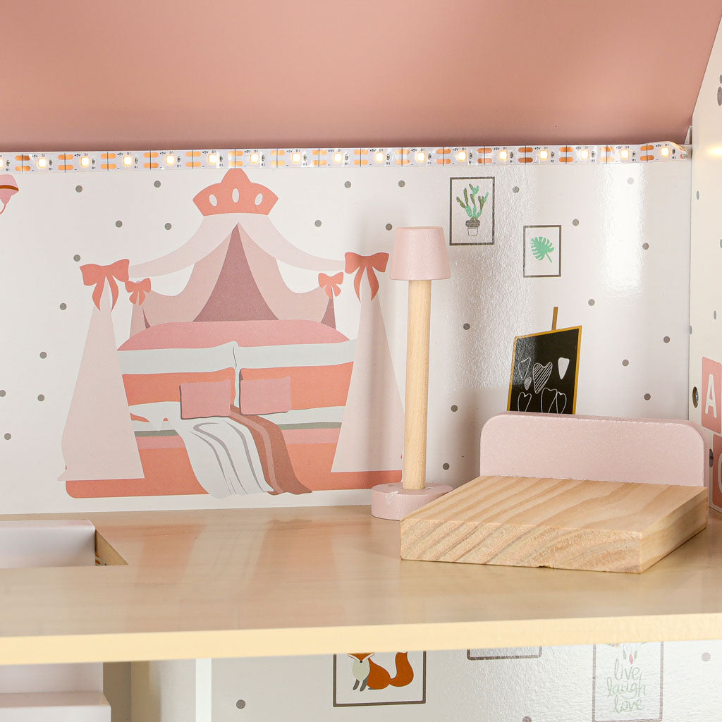 LULILO Peonio medinis lėlių namelis su LED apšvietimu, 70 cm, rožinis