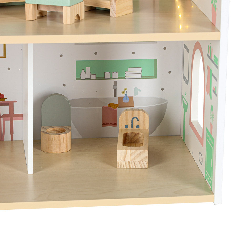 LULILO Peonio medinis lėlių namelis su LED apšvietimu, 70 cm, rožinis