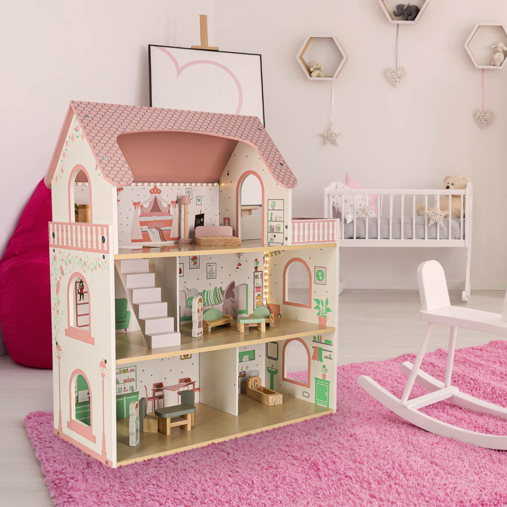 LULILO Peonio medinis lėlių namelis su LED apšvietimu, 70 cm, rožinis