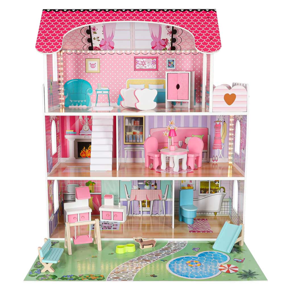 Lulilo Gardeno medinis lėlių namelis su sodeliu, baldeliais, 70 cm, rožinis, su LED apšvietimu