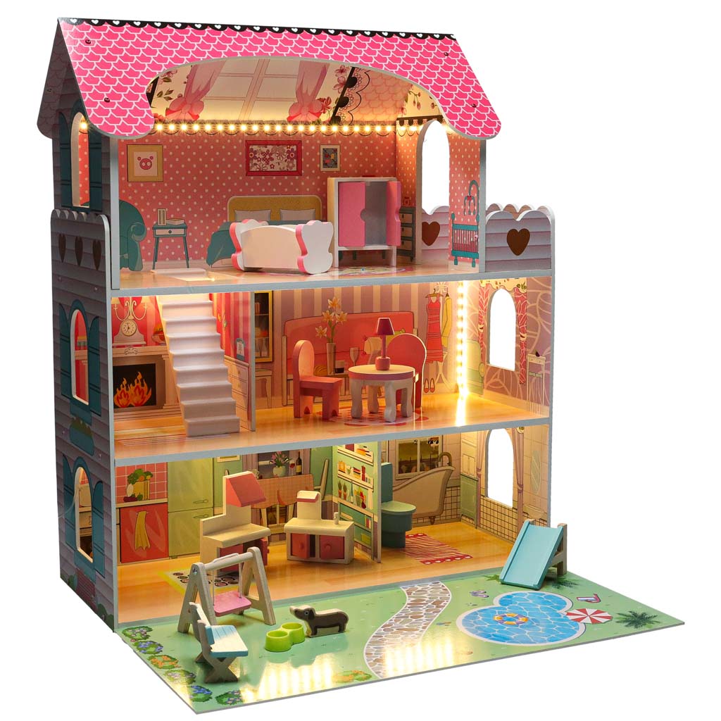 Lulilo Gardeno medinis lėlių namelis su sodeliu, baldeliais, 70 cm, rožinis, su LED apšvietimu