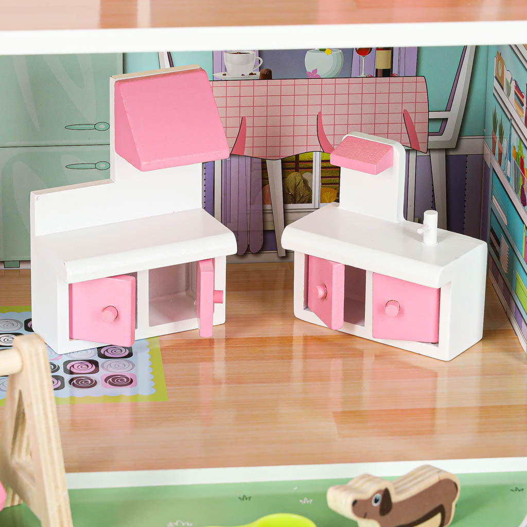 Lulilo Gardeno medinis lėlių namelis su sodeliu, baldeliais, 70 cm, rožinis, su LED apšvietimu