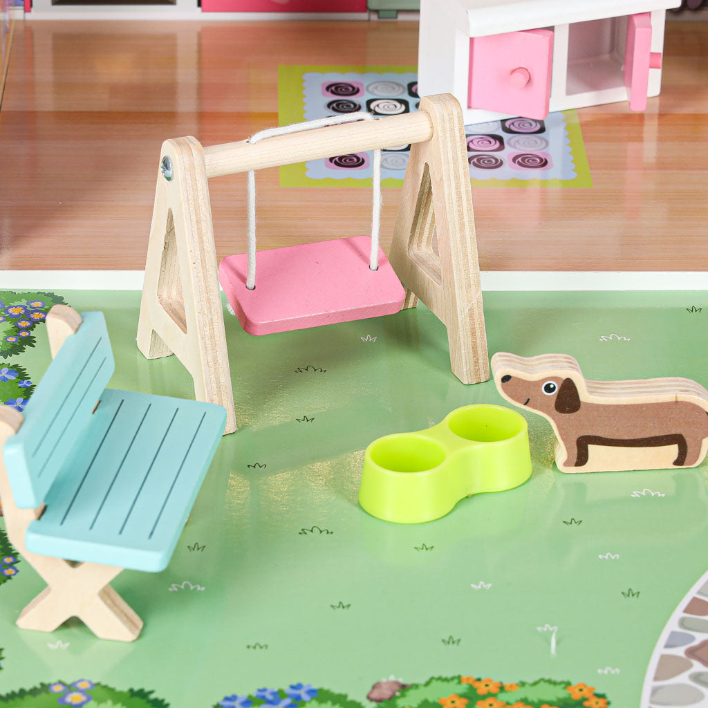 Lulilo Gardeno medinis lėlių namelis su sodeliu, baldeliais, 70 cm, rožinis, su LED apšvietimu