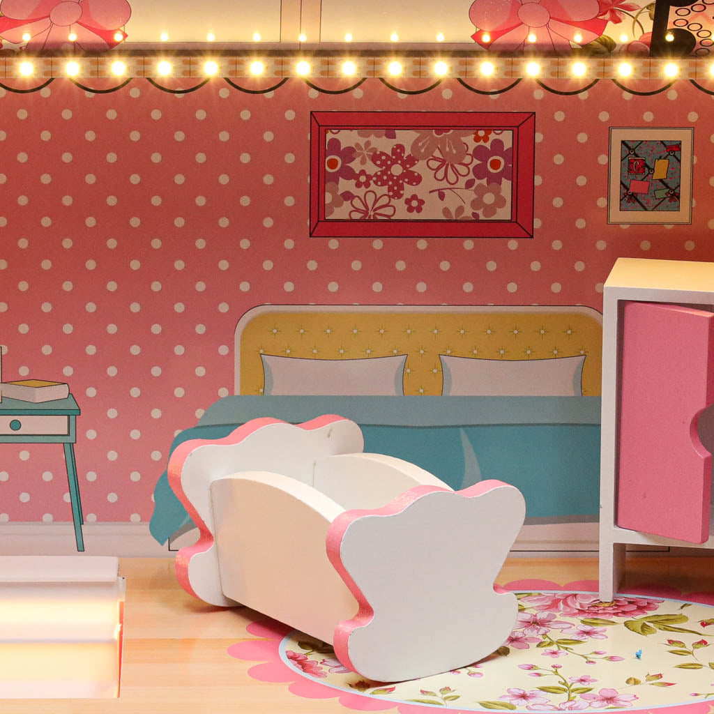 Lulilo Gardeno medinis lėlių namelis su sodeliu, baldeliais, 70 cm, rožinis, su LED apšvietimu