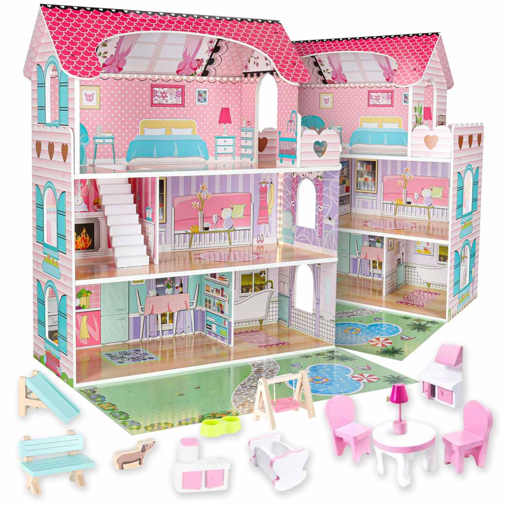 Lulilo Gardeno medinis lėlių namelis su sodeliu, baldeliais, 70 cm, rožinis, su LED apšvietimu