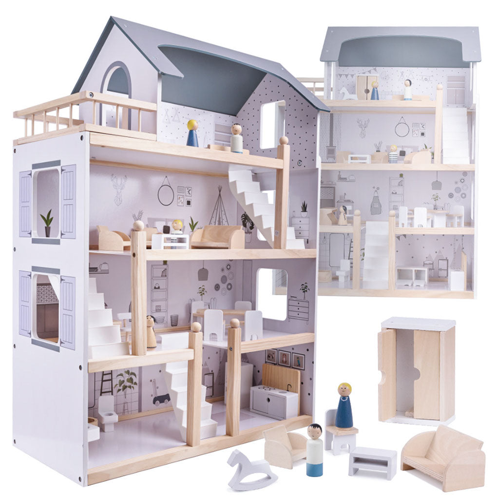 Medinis lėlių namelis su baldais, 80 cm, baltas ir pilkas