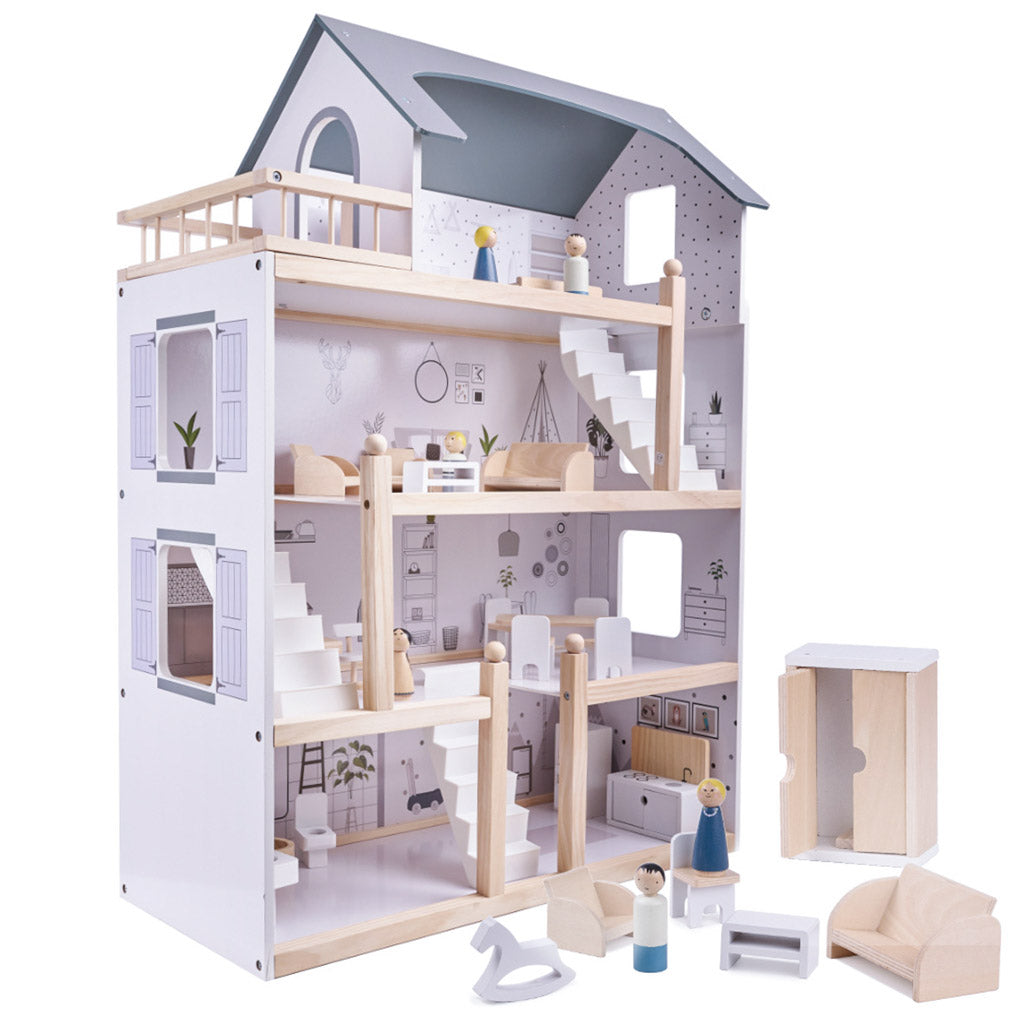 Medinis lėlių namelis su baldais, 80 cm, baltas ir pilkas