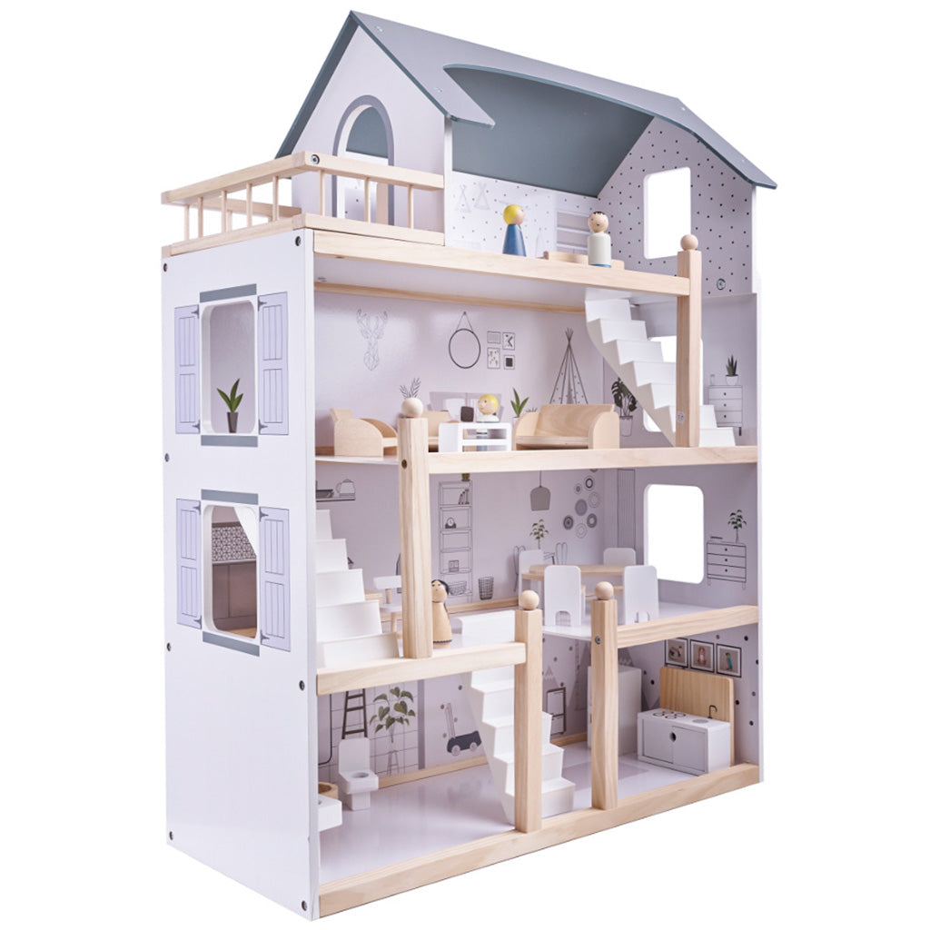 Medinis lėlių namelis su baldais, 80 cm, baltas ir pilkas