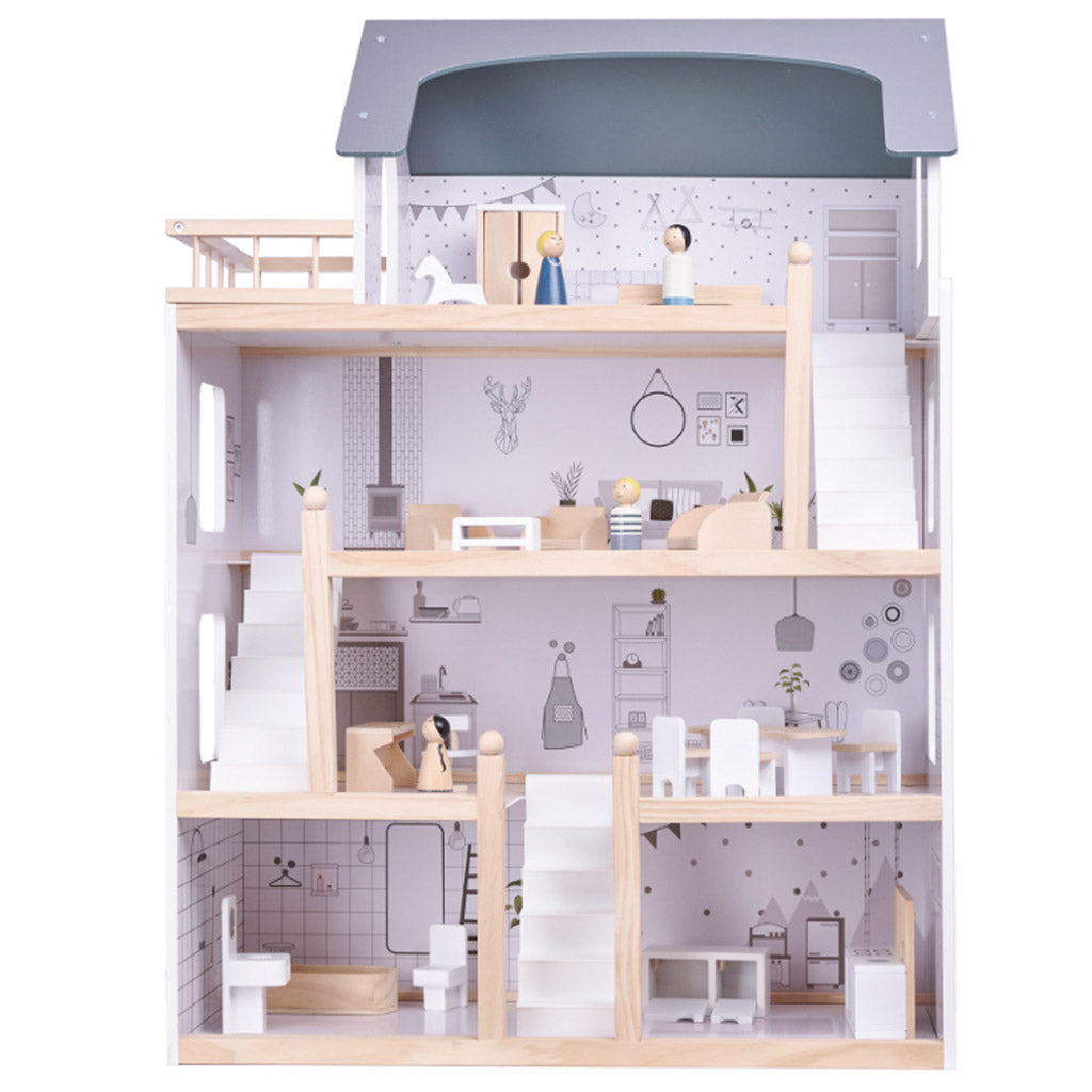 Medinis lėlių namelis su baldais, 80 cm, baltas ir pilkas