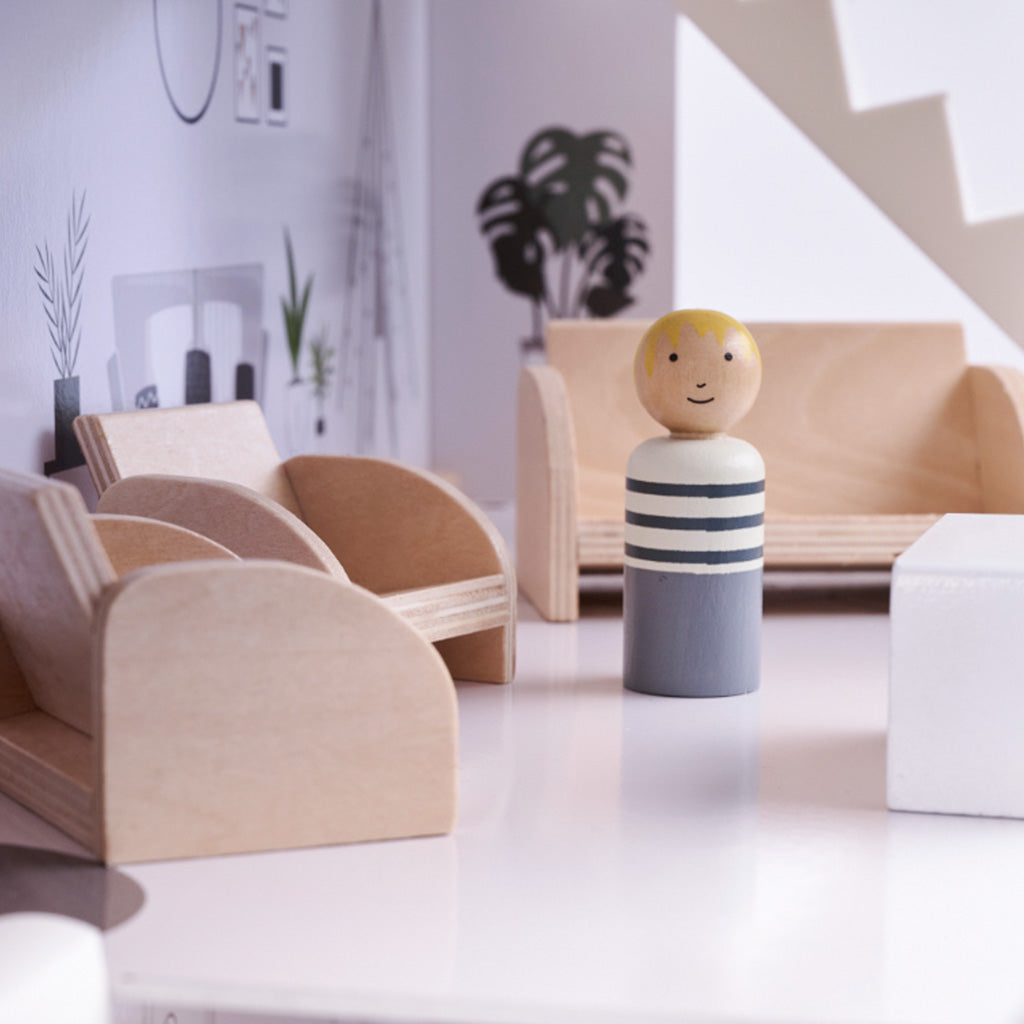 Medinis lėlių namelis su baldais, 80 cm, baltas ir pilkas