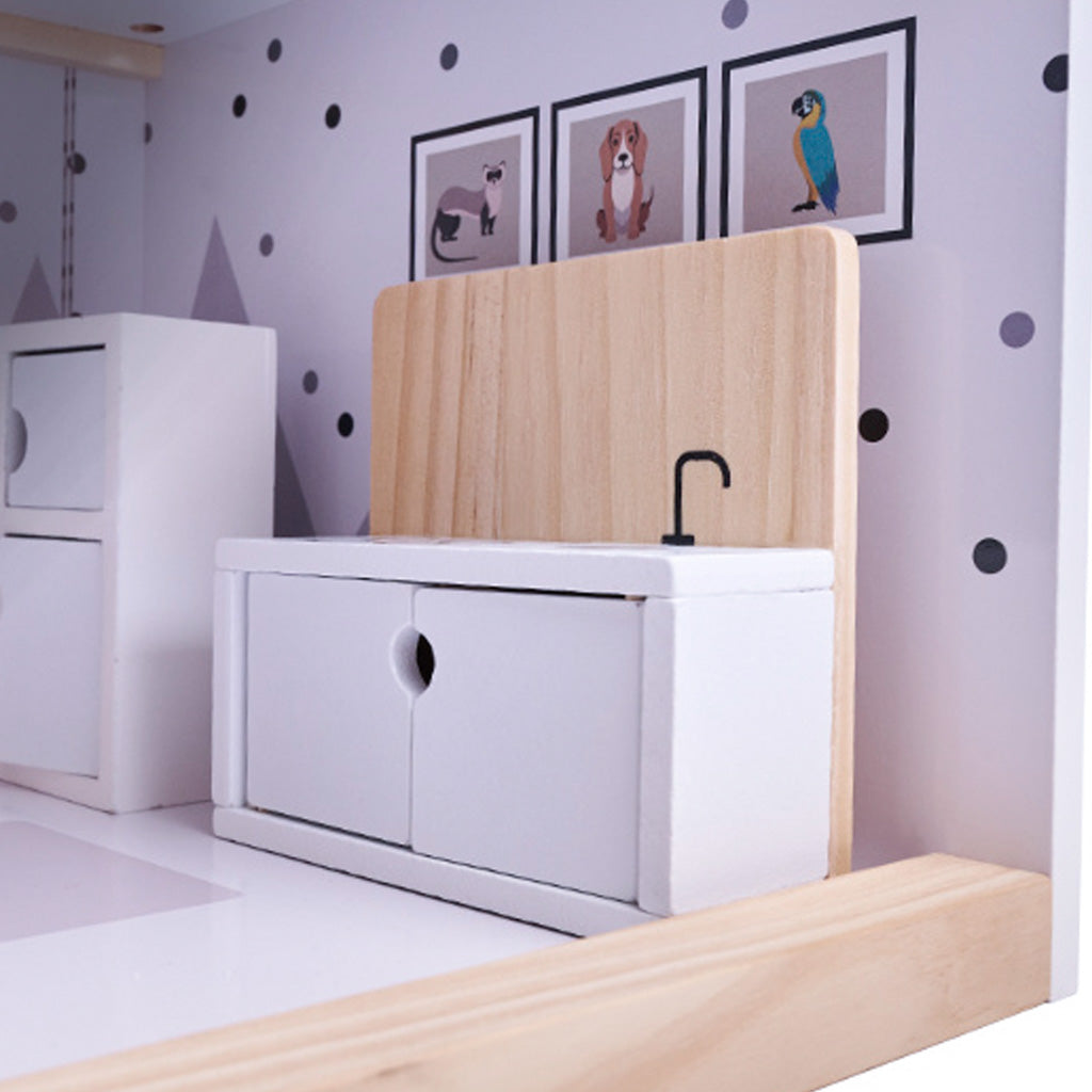 Medinis lėlių namelis su baldais, 80 cm, baltas ir pilkas