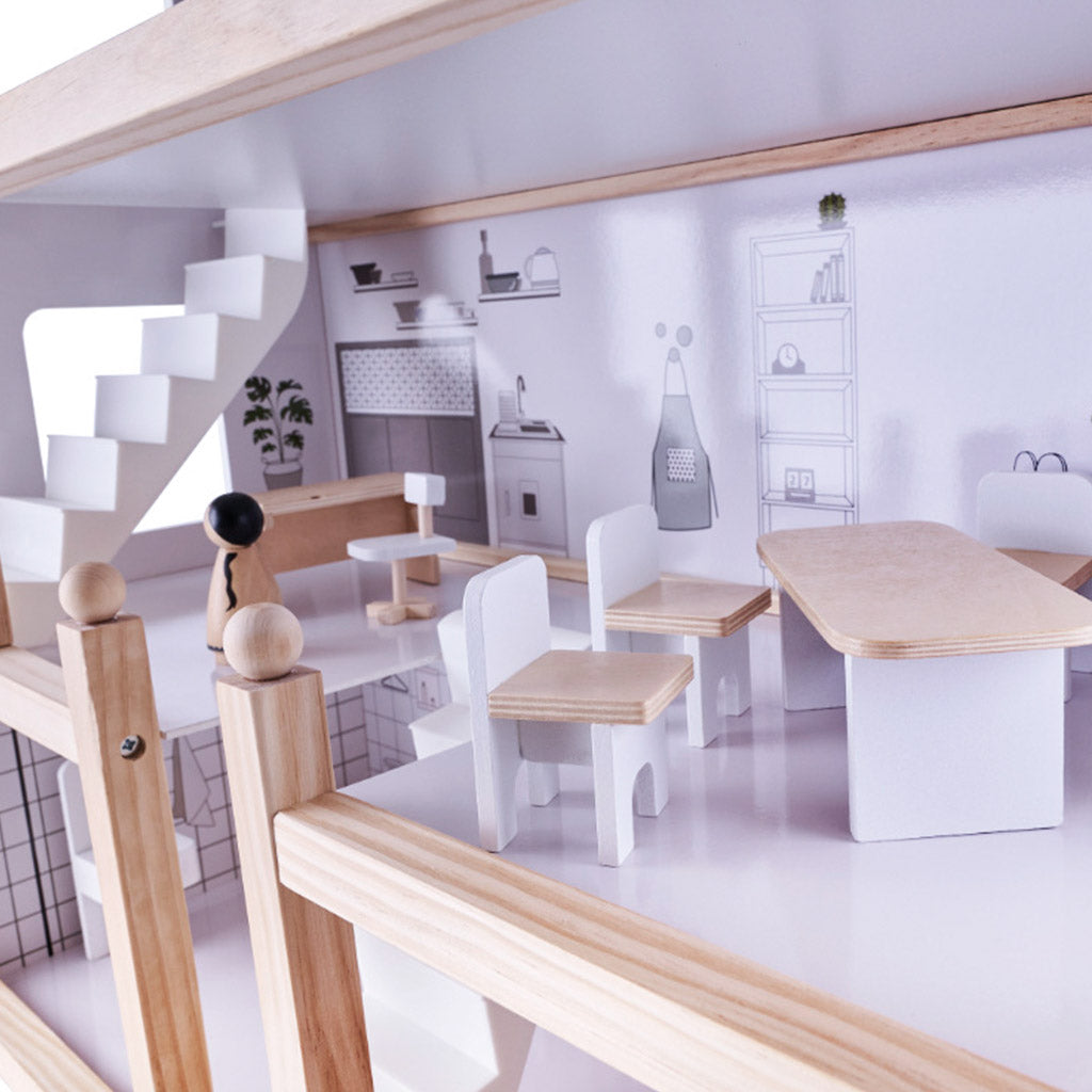 Medinis lėlių namelis su baldais, 80 cm, baltas ir pilkas