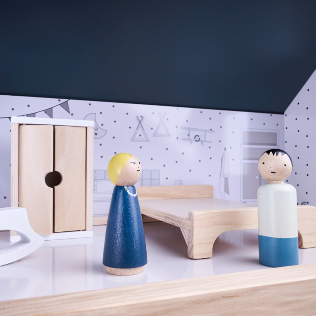 Medinis lėlių namelis su baldais, 80 cm, baltas ir pilkas