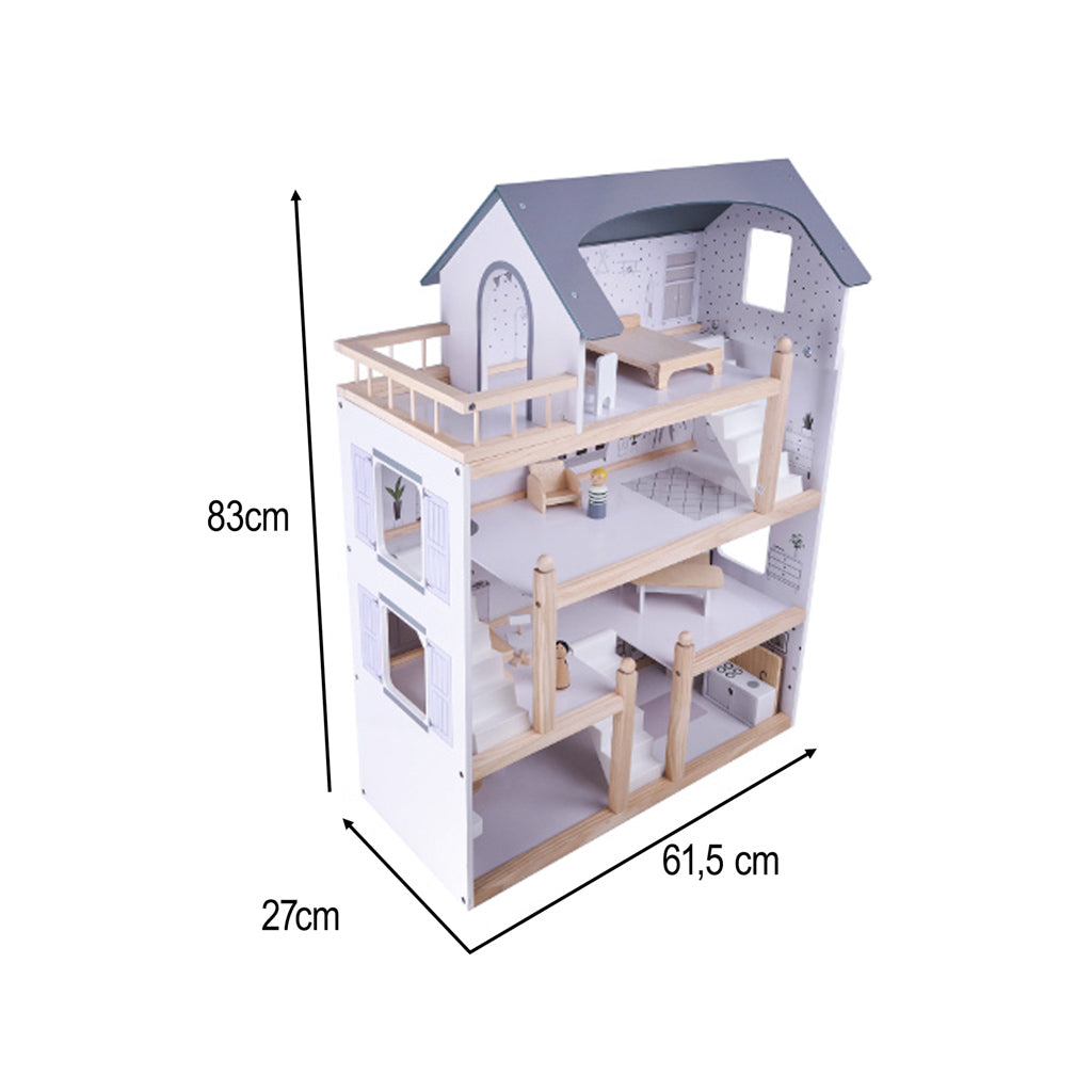 Medinis lėlių namelis su baldais, 80 cm, baltas ir pilkas
