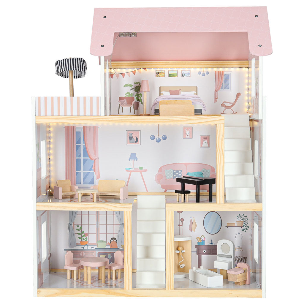 Medinis lėlių namelis su baldais, 78 cm, rožinis, su LED apšvietimu