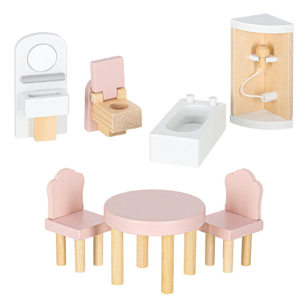 Medinis lėlių namelis su baldais, 78 cm, rožinis, su LED apšvietimu