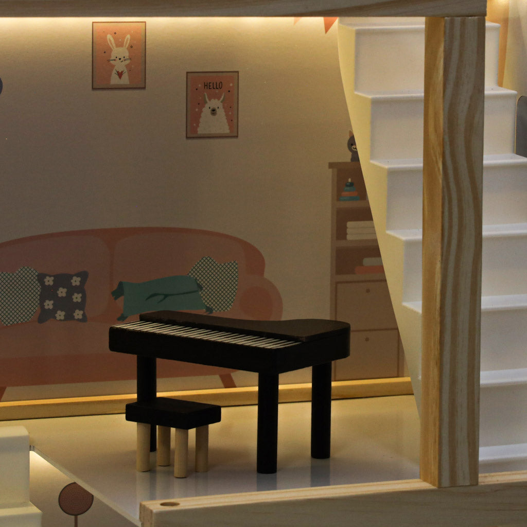 Medinis lėlių namelis su baldais, 78 cm, rožinis, su LED apšvietimu