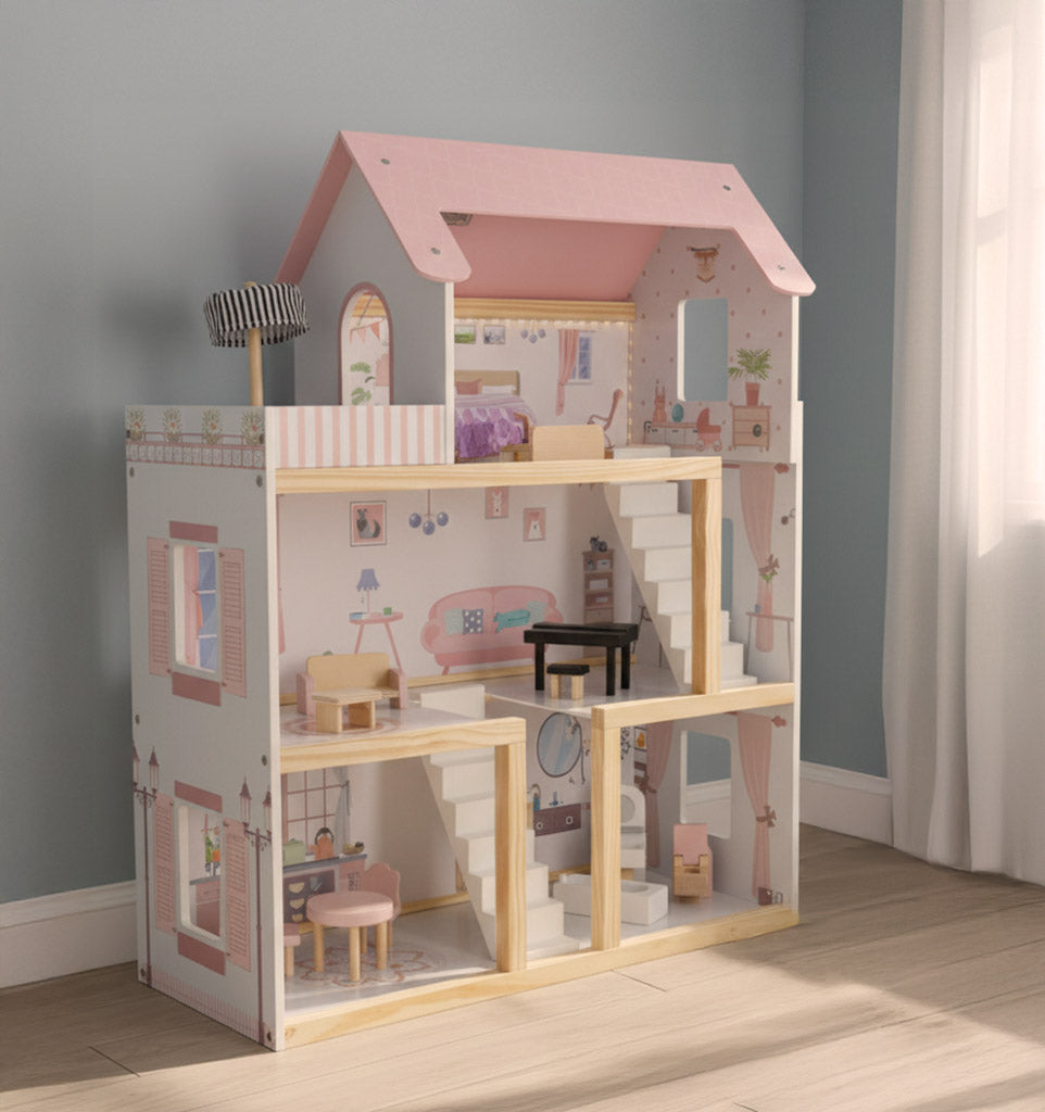 Medinis lėlių namelis su baldais, 78 cm, rožinis, su LED apšvietimu