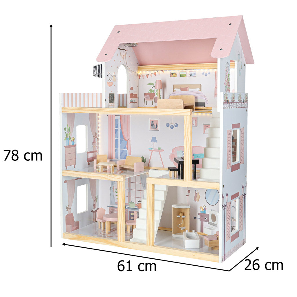Medinis lėlių namelis su baldais, 78 cm, rožinis, su LED apšvietimu