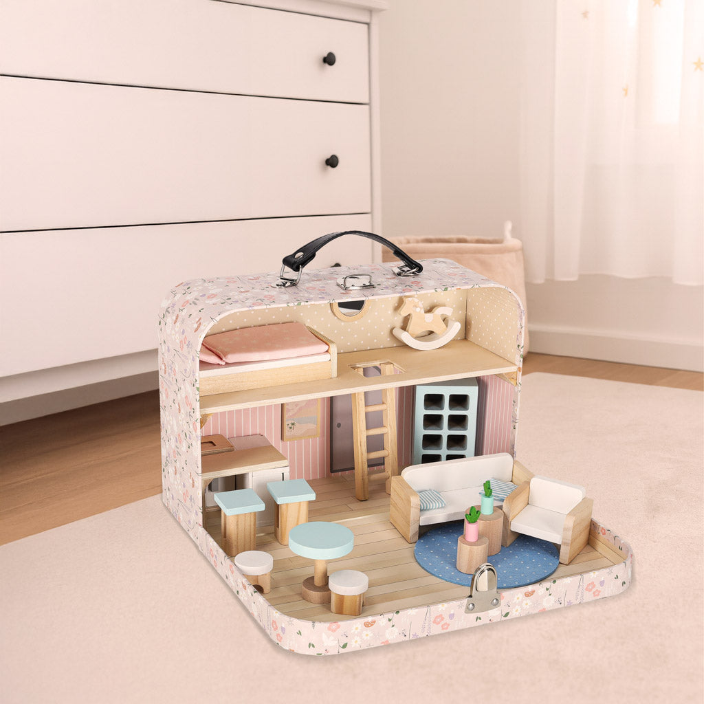 Lėlių namelis lagamine su mediniais baldais