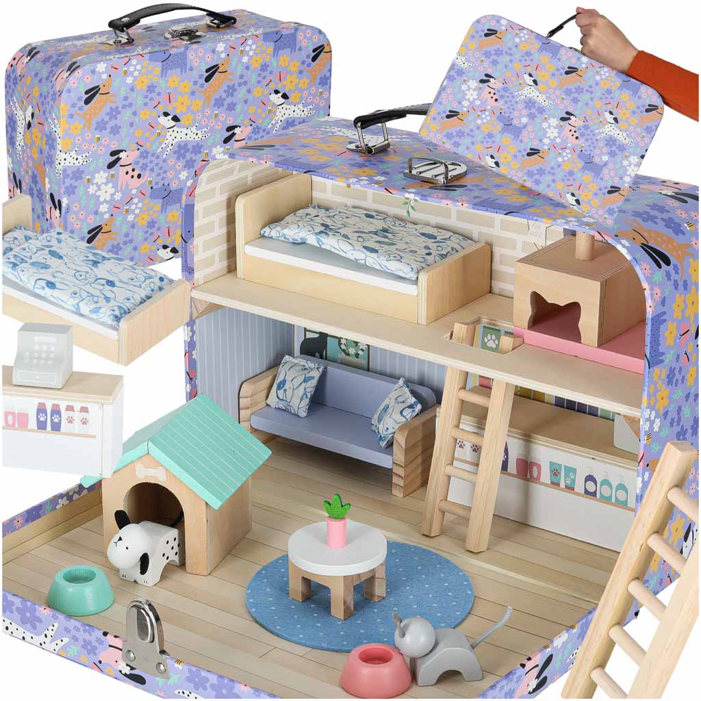 Namukas lagamine - viešbutis SPA gyvūnams su mediniais baldeliais ir figūrėlėmis