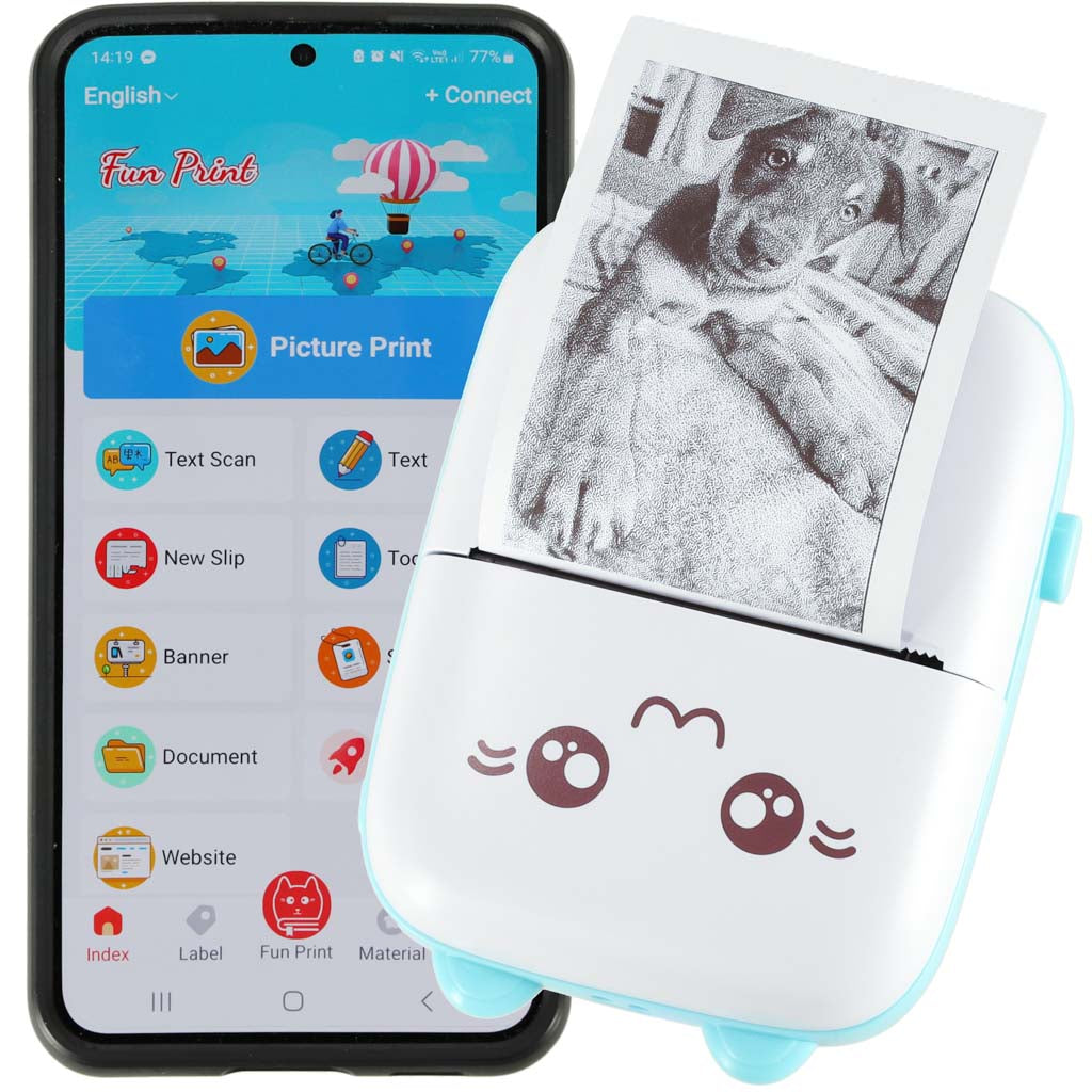 Mini terminis etikečių spausdintuvas su USB kabeliu, mėlynas katės dizainas – vaizdas 2