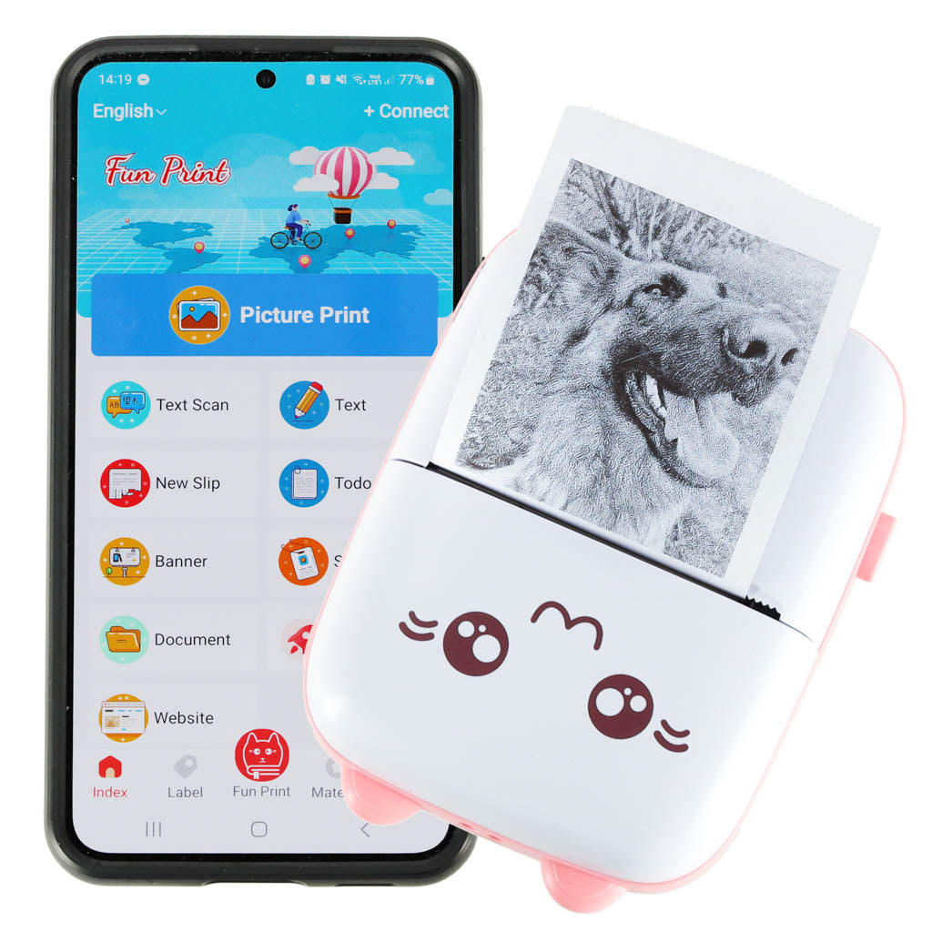 Mini terminis etikečių spausdintuvas su USB kabeliu, rožinis katės dizainas – vaizdas 2