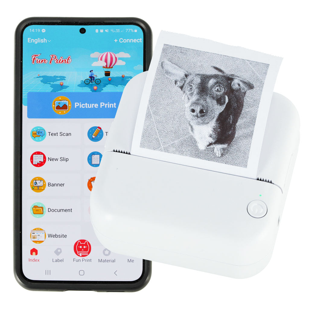 Mini terminis etikečių spausdintuvas su USB kabeliu, mėlynas kvadratinis – vaizdas 2