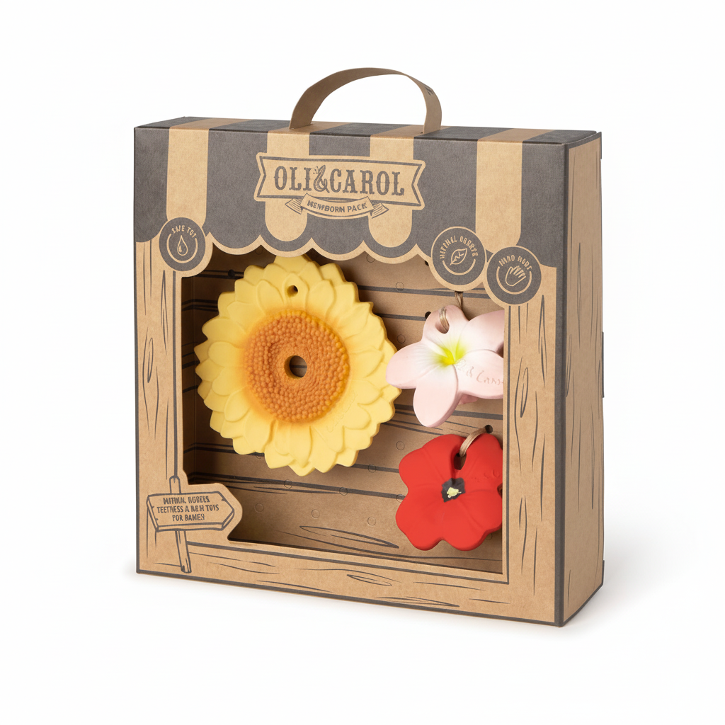 Oli&Carol natūralus dovanų rinkinys naujagimiui: 3 kramtukai – Drugelis ir dvi gėlės – pagrindinis vaizdas