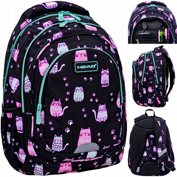 Mokyklinė kuprinė, juoda su katytėmis, 1-3 klasei – pagrindinis vaizdas