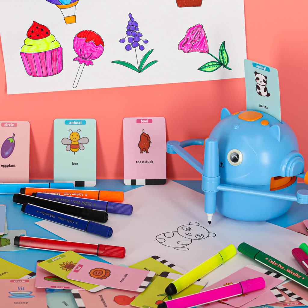 Edukacinis piešimo robotas su kortelėmis ir flomasteriais – mėlynas