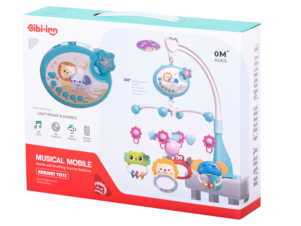 Mėlyna lopšio karuselė su žvaigždžių projektoriumi, lopšinėmis ir nuotolinio valdymo pulteliu