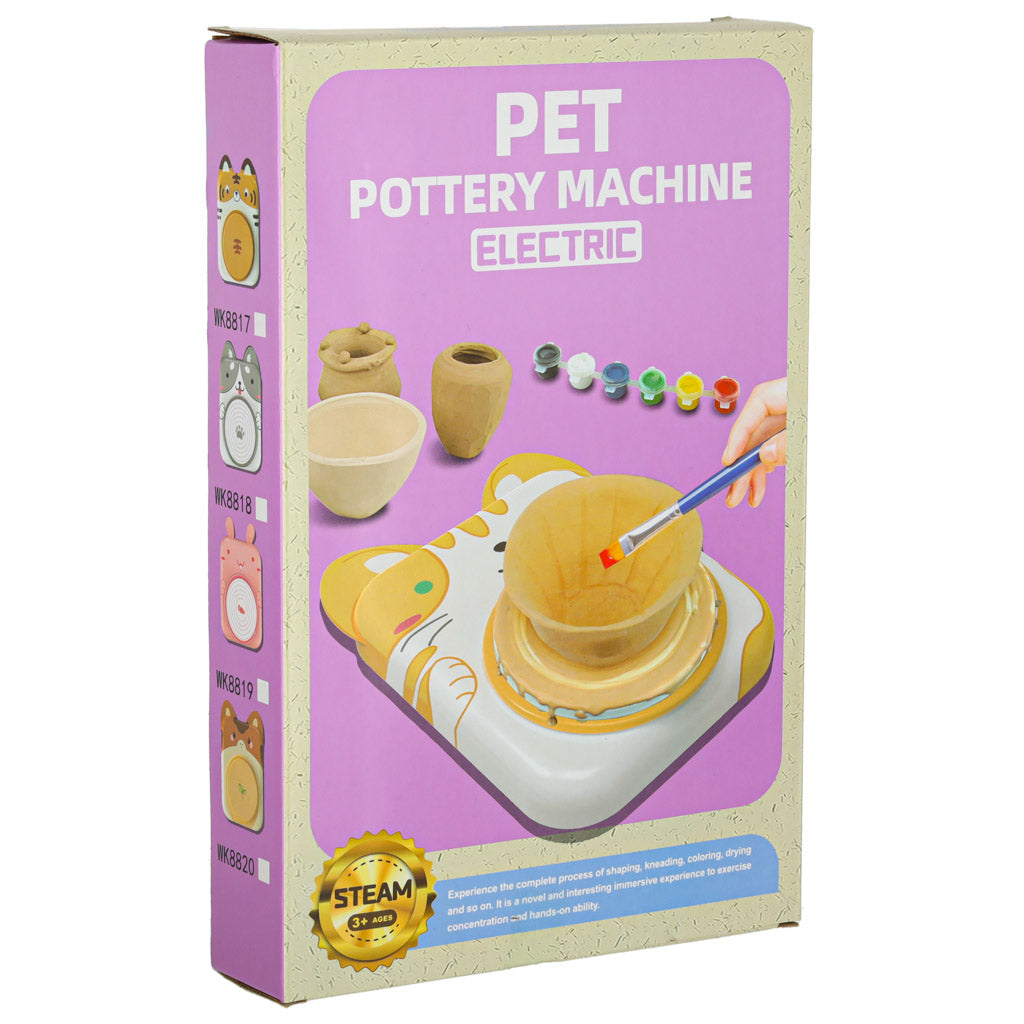 Kūrybinis puodžiaus rato rinkinys su moliu ir dažais, geltonas kačiukas