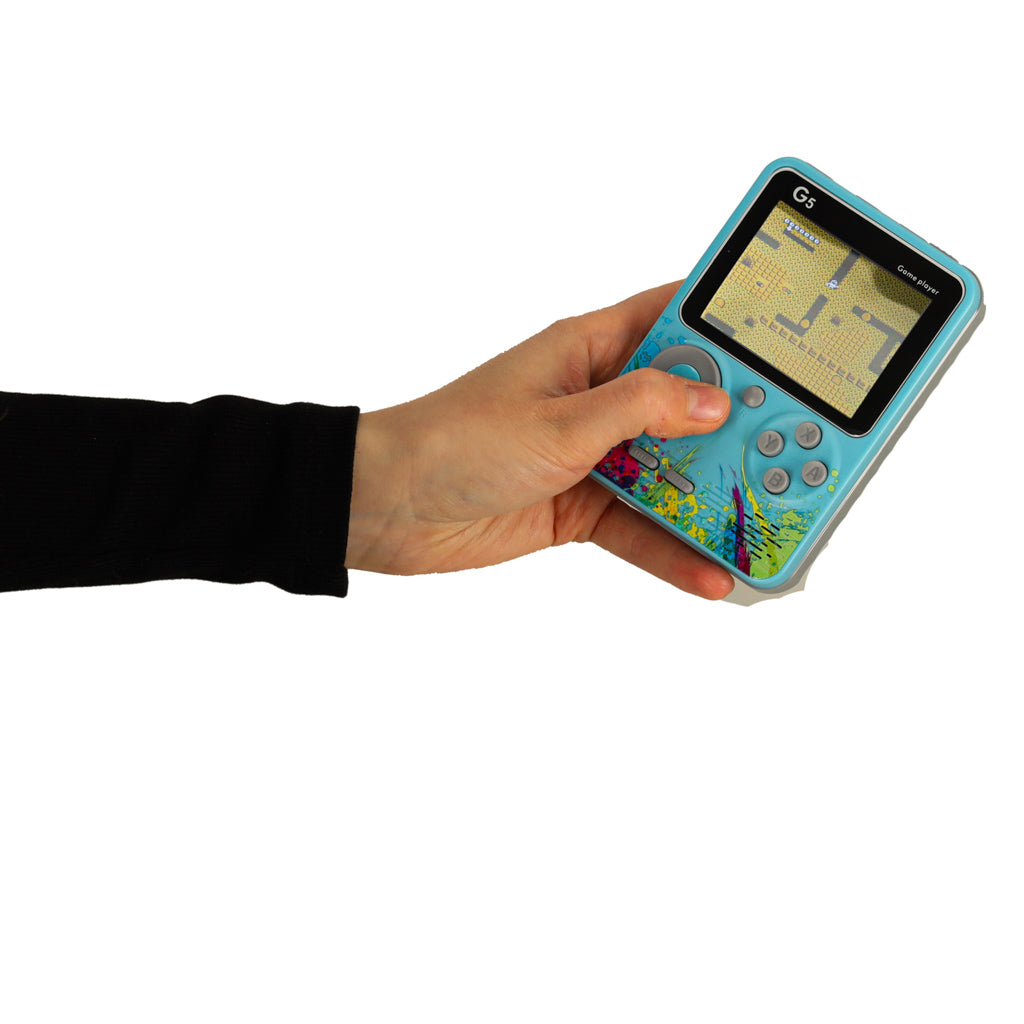 Miniatiūrinė retro elektroninė delninė žaidimų konsolė su 500 žaidimų, mėlyna