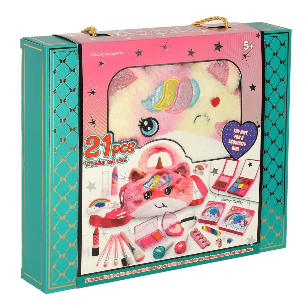 Makiažo kosmetikos ir nagų lakų rinkinys su rankinuku, 21 elementas