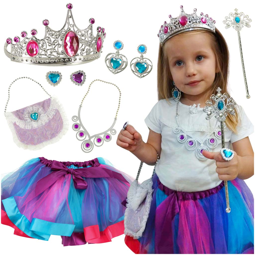 Karnavalinis kostiumas princesė/karalienė su karūna ir rankine, 9 dalių rinkinys