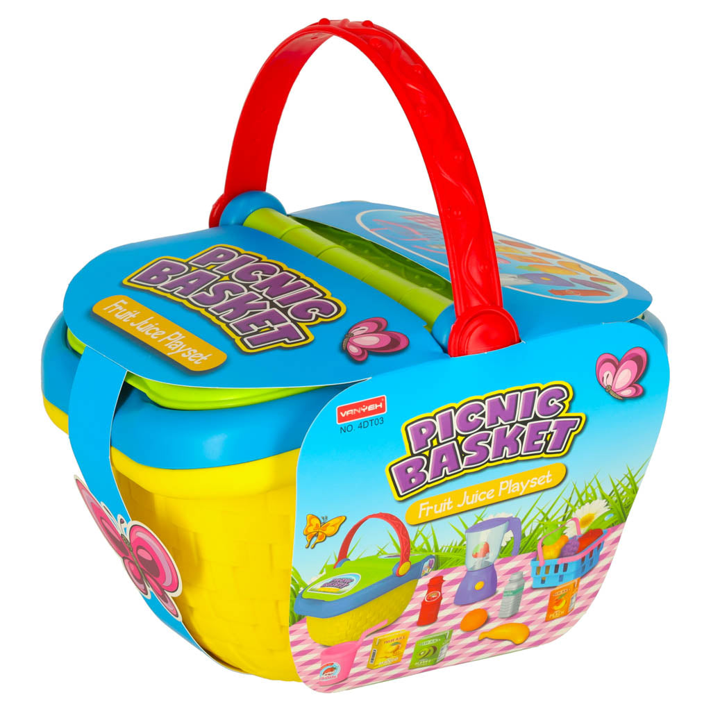 Vaikų pikniko krepšelis su vaisiais ir gėrimais
