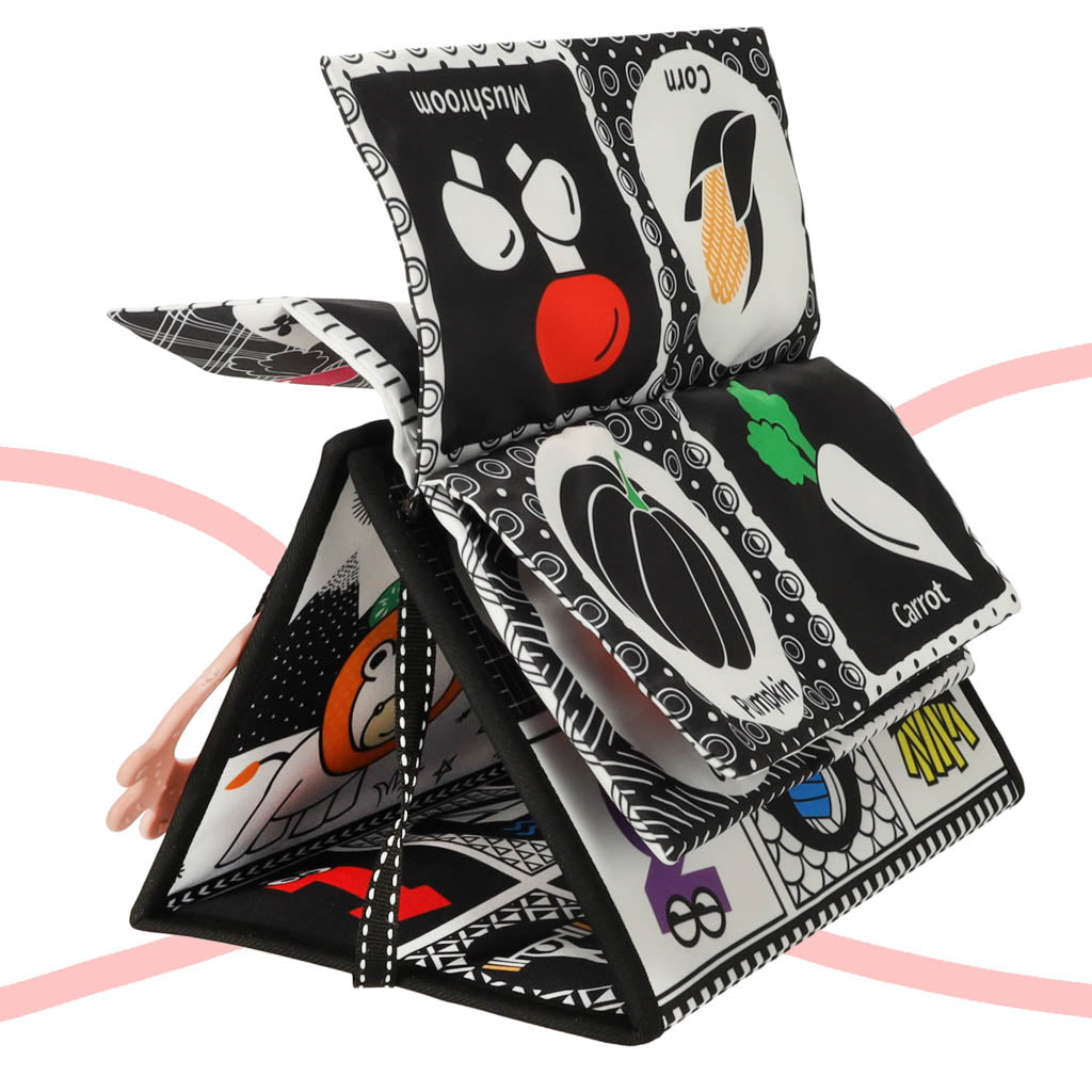 Kūdikio sensorinė knygelė-kilimėlis su kontrastingais raštais, veidrodėliu ir kramtuku