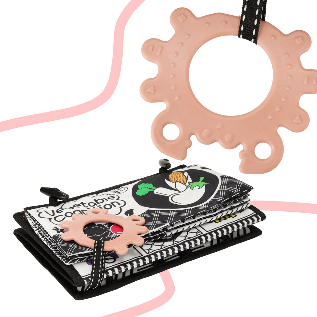 Kūdikio sensorinė knygelė-kilimėlis su kontrastingais raštais, veidrodėliu ir kramtuku