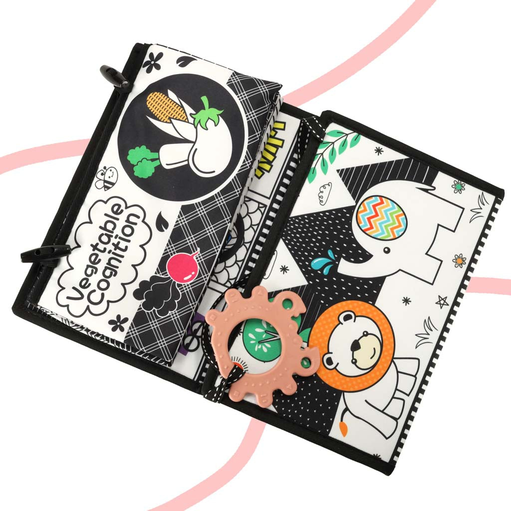 Kūdikio sensorinė knygelė-kilimėlis su kontrastingais raštais, veidrodėliu ir kramtuku