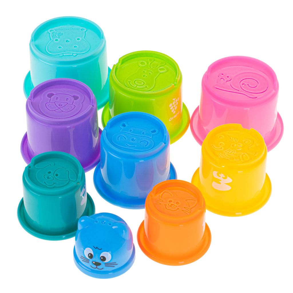 Edukaciniai puodeliai „Bokštas-piramidė“ su skaičiais ir vaisiais