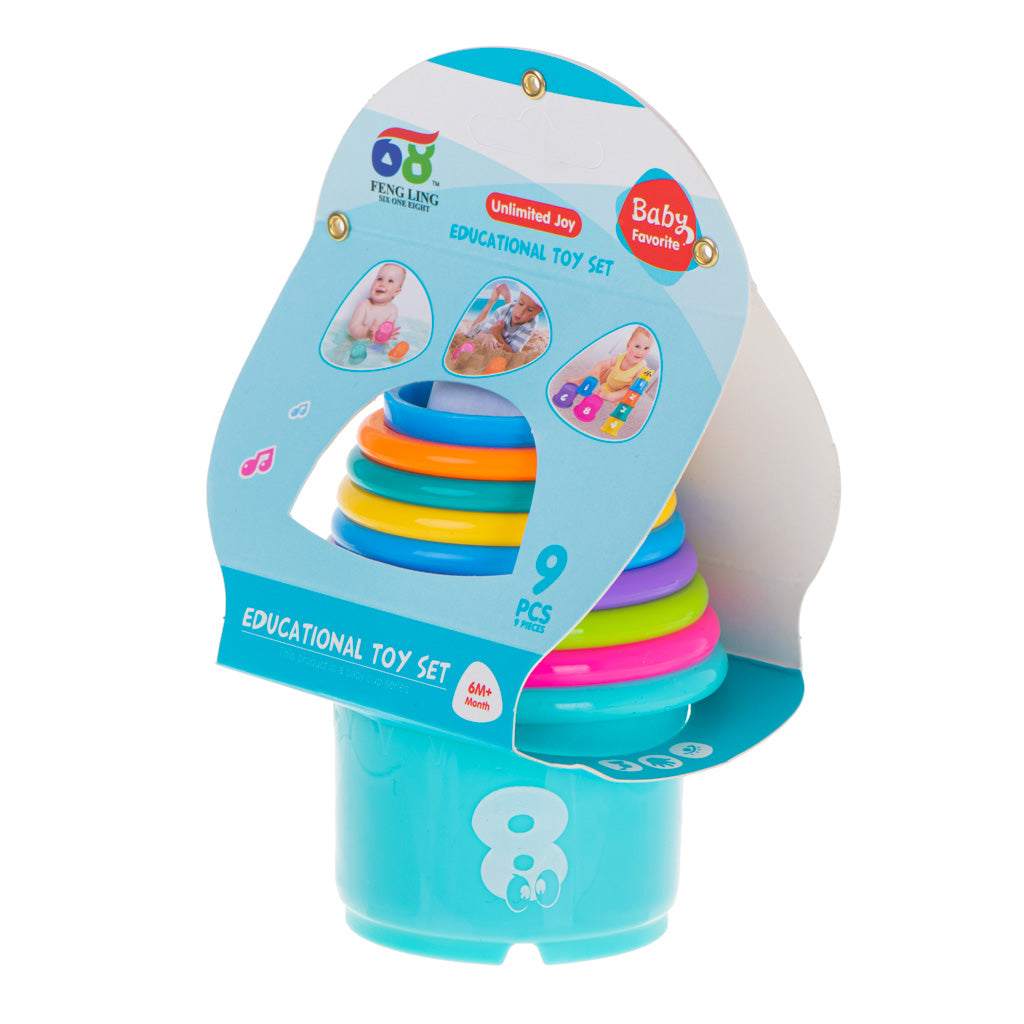 Edukaciniai puodeliai „Bokštas-piramidė“ su skaičiais ir vaisiais