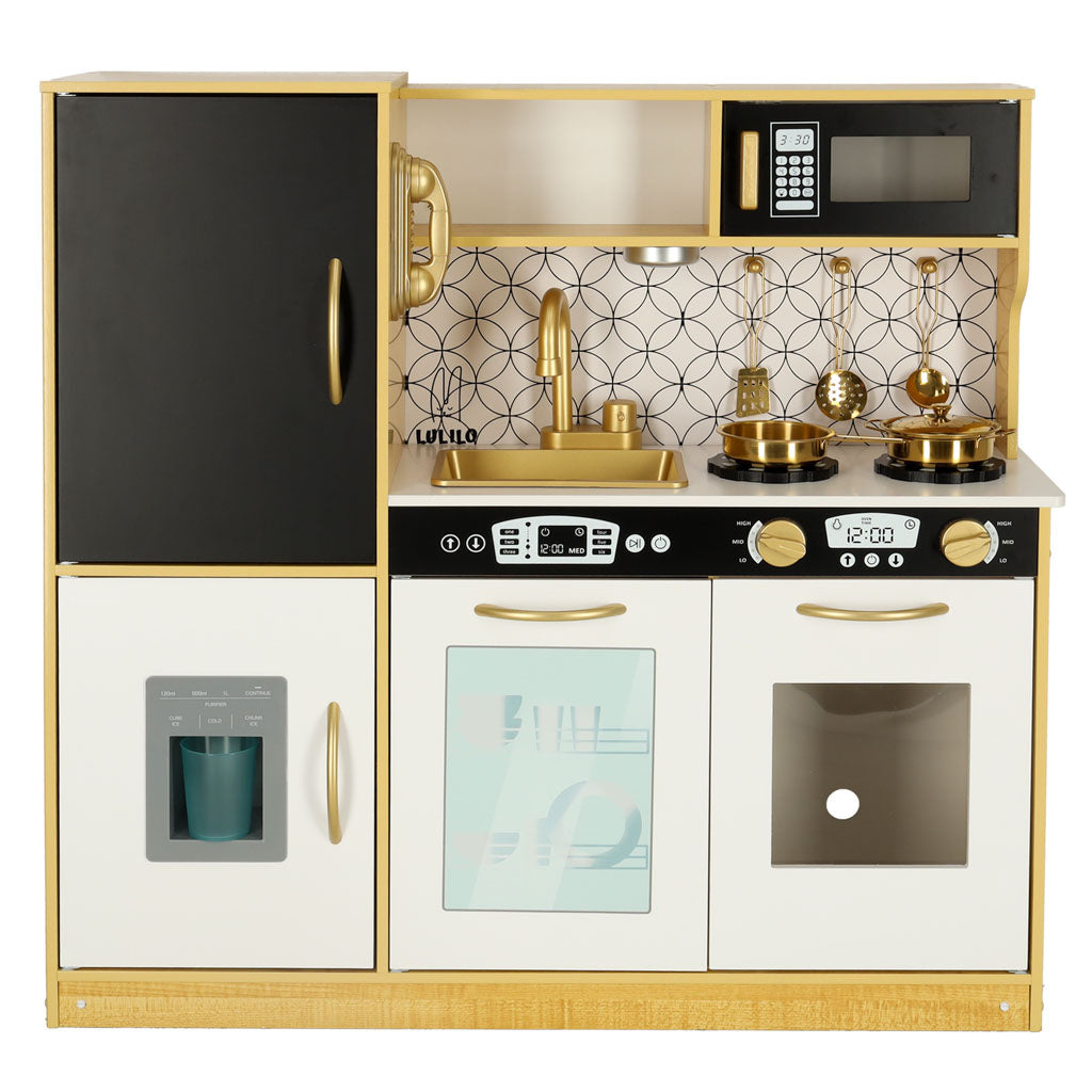 Medinė vaikiška virtuvėlė su šaldytuvu – auksinė Lulilo – vaizdas 2